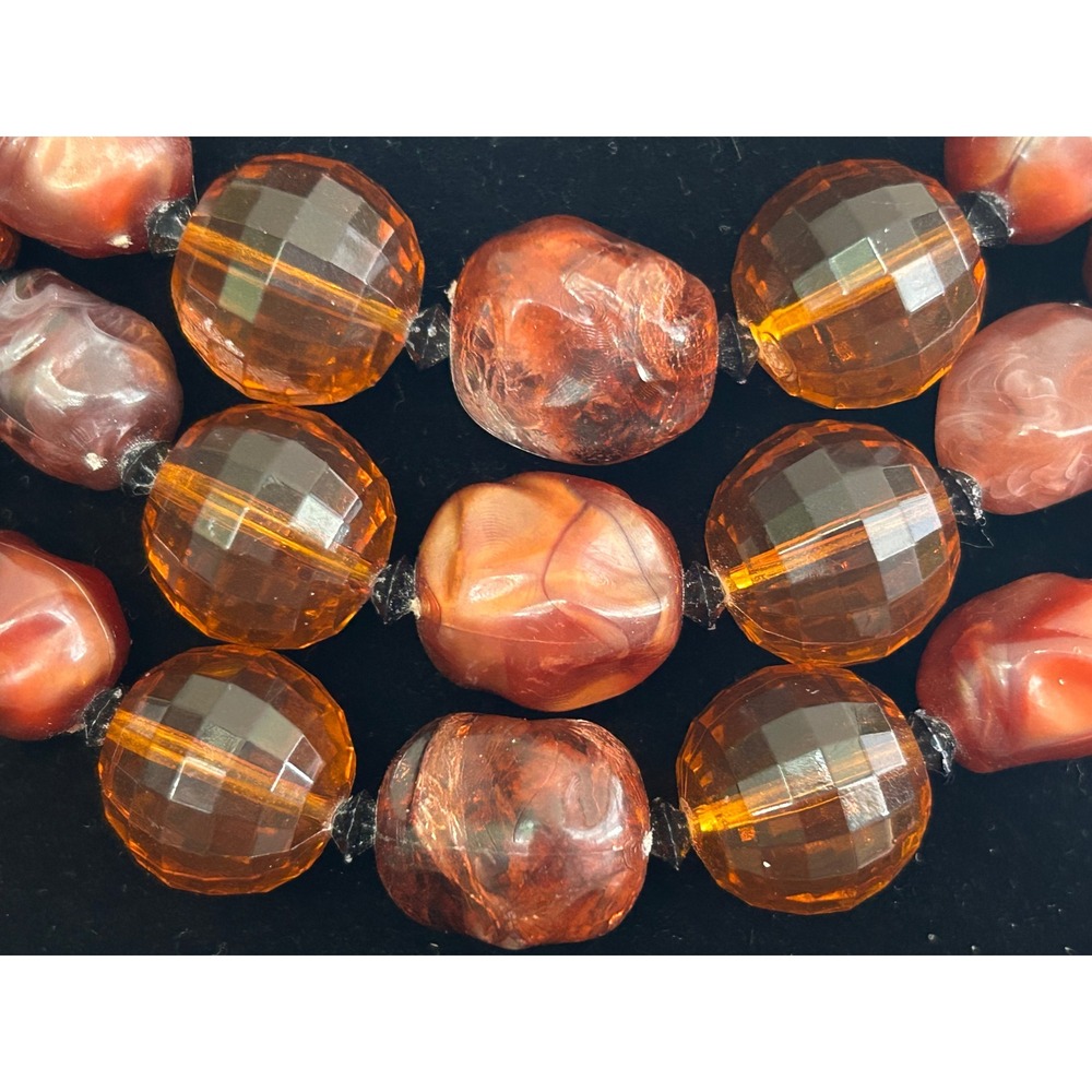 Vintage Signed Vendome Triple Strand Amber And Brown Lucite Beads - Picture 3 of 6